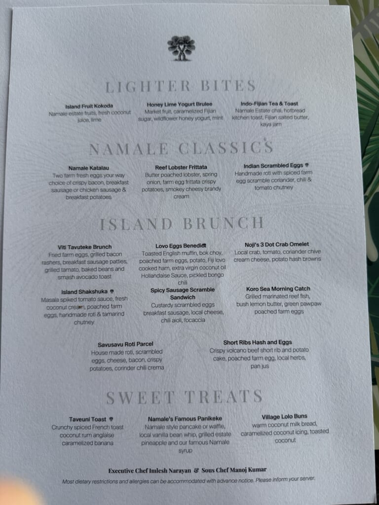 Namale Resort & Spa ブランチのメニュー