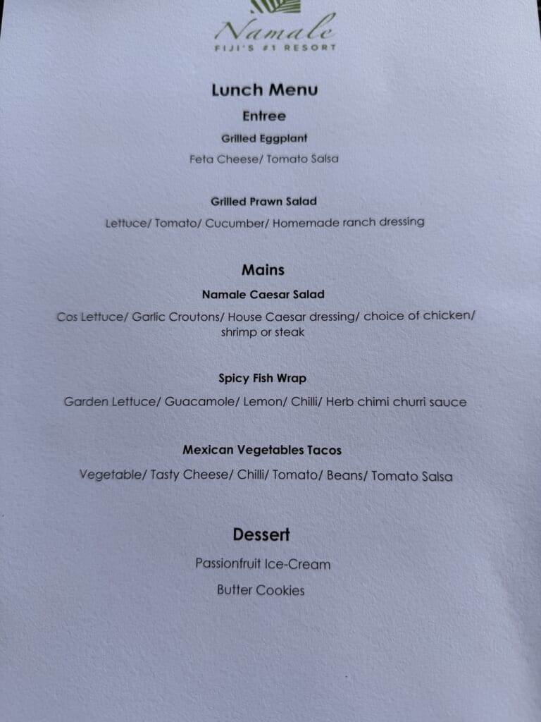 Namale Resort & Spa 4日目のランチメニュー